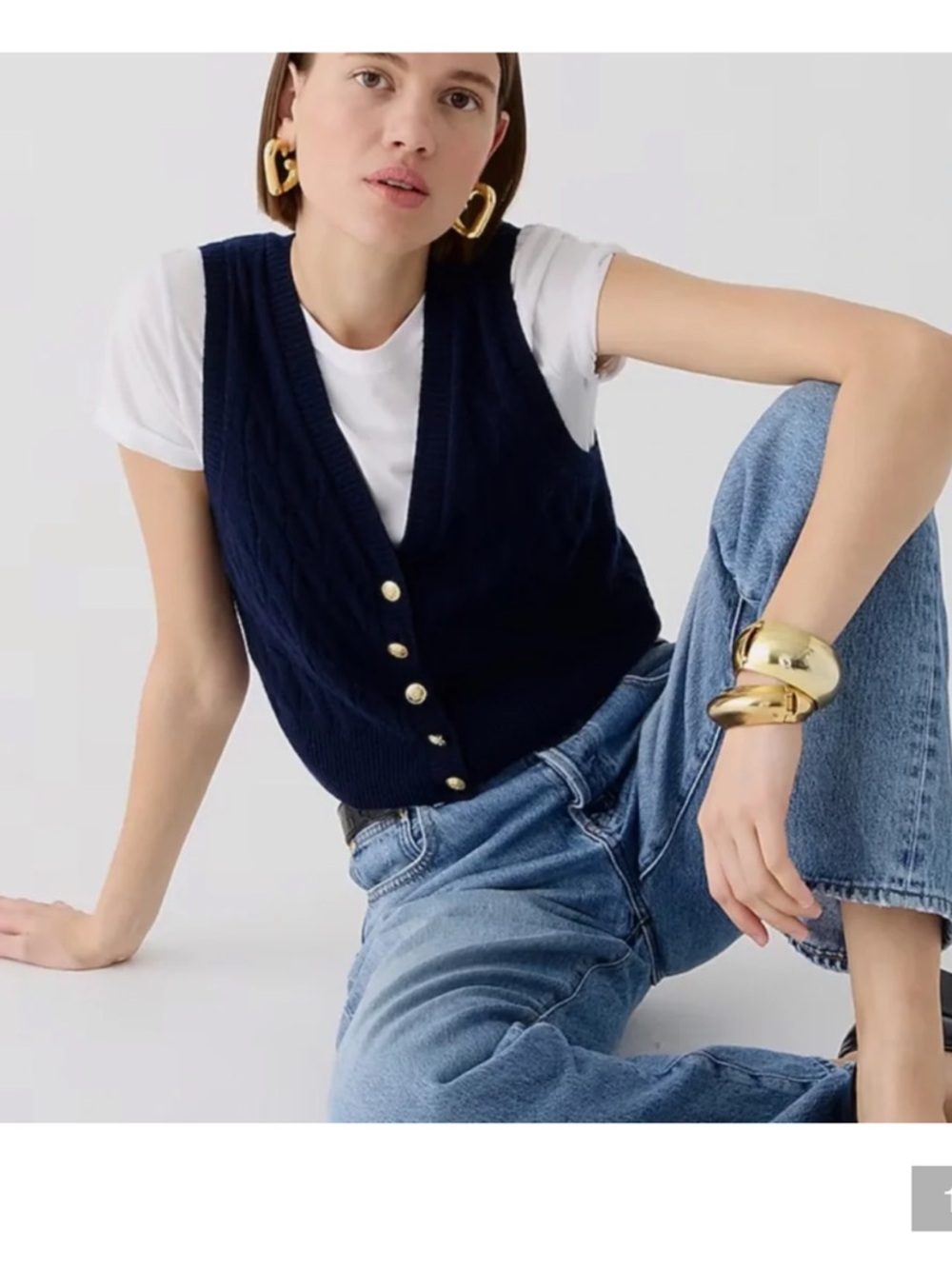 J.Crew Cashmere Cable Knit Sweater Vest Navy Gold Buttons Size M